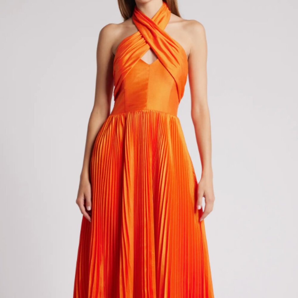 Orange Hutch Pleated Crossover Halter Gown, Size Small